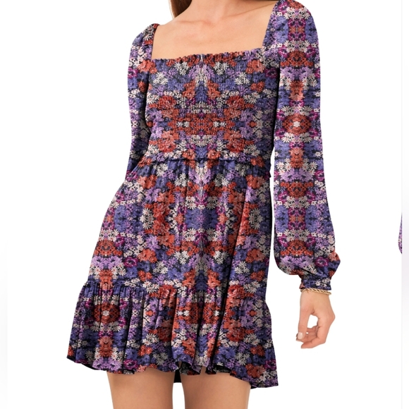 1. State Dresses & Skirts - NWT 1. State Twilight Purple Floral Smocked Square Neck Mini Dress Small Boho